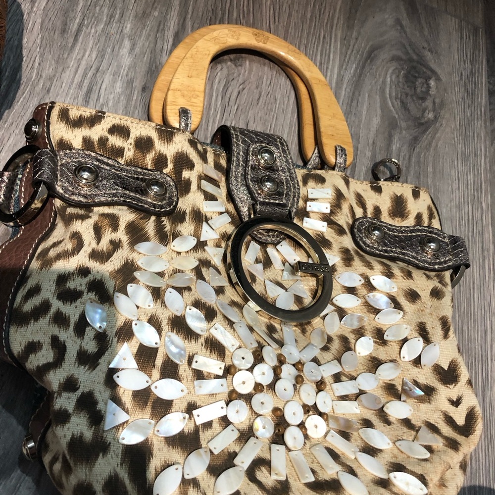 Guess Leopard-Print Tote with Wooden Handles and Shell Accents